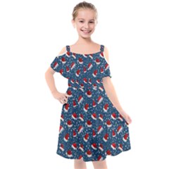 Blue Christmas Hats Kids  Cut Out Shoulders Chiffon Dress by SychEva