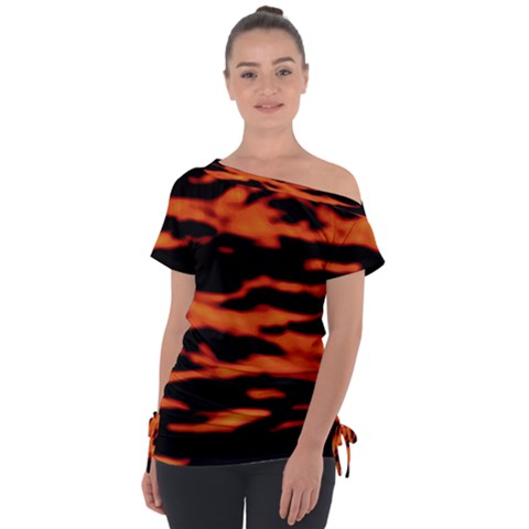 Red  Waves Abstract Series No9 Off Shoulder Tie-up Tee by DimitriosArt