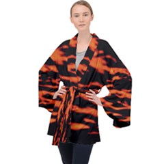 Red  Waves Abstract Series No9 Long Sleeve Velvet Kimono  by DimitriosArt