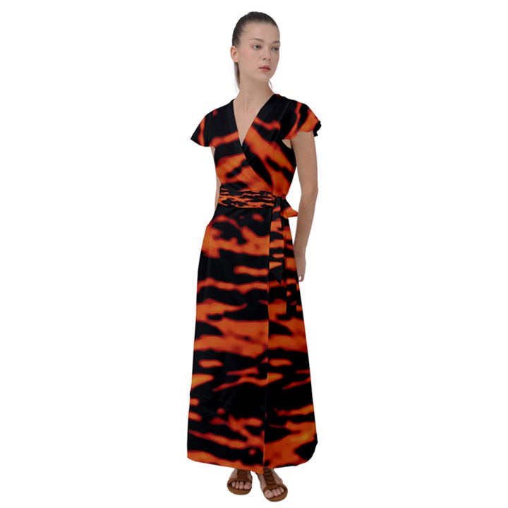 Red  Waves Abstract Series No9 Flutter Sleeve Maxi Dress