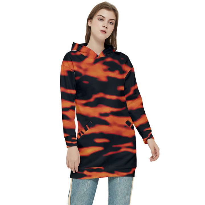 Red  Waves Abstract Series No9 Women s Long Oversized Pullover Hoodie