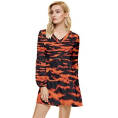 Red  Waves Abstract Series No9 Tiered Long Sleeve Mini Dress by DimitriosArt