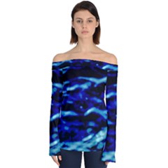 Blue Waves Abstract Series No8 Off Shoulder Long Sleeve Top by DimitriosArt