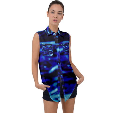 Blue Waves Abstract Series No8 Sleeveless Chiffon Button Shirt by DimitriosArt