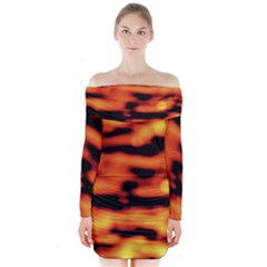 Red  Waves Abstract Series No5 Long Sleeve Off Shoulder Dress by DimitriosArt