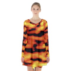 Red  Waves Abstract Series No5 Long Sleeve Velvet V-neck Dress