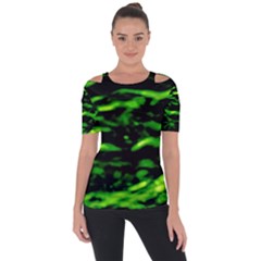 Green  Waves Abstract Series No3 Shoulder Cut Out Short Sleeve Top by DimitriosArt