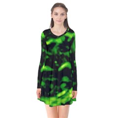 Green  Waves Abstract Series No3 Long Sleeve V-neck Flare Dress by DimitriosArt