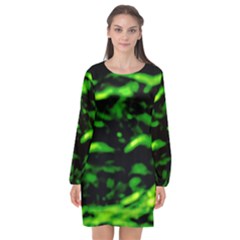 Green  Waves Abstract Series No3 Long Sleeve Chiffon Shift Dress  by DimitriosArt