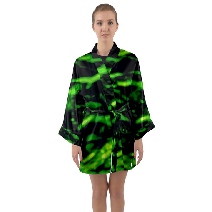 Green  Waves Abstract Series No3 Long Sleeve Satin Kimono