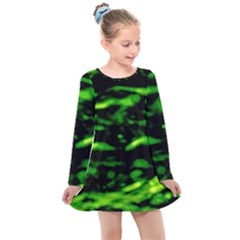 Green  Waves Abstract Series No3 Kids  Long Sleeve Dress by DimitriosArt