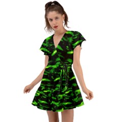 Green  Waves Abstract Series No3 Flutter Sleeve Wrap Dress by DimitriosArt