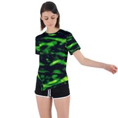 Green  Waves Abstract Series No3 Asymmetrical Short Sleeve Sports Tee by DimitriosArt