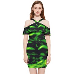 Green  Waves Abstract Series No3 Shoulder Frill Bodycon Summer Dress