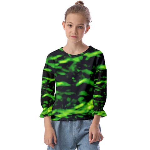 Green  Waves Abstract Series No3 Kids  Cuff Sleeve Top by DimitriosArt