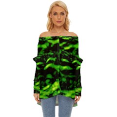 Green  Waves Abstract Series No3 Off Shoulder Chiffon Pocket Shirt by DimitriosArt