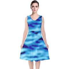 Blue Waves Abstract Series No4 V-neck Midi Sleeveless Dress  by DimitriosArt