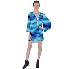 Blue Waves Abstract Series No4 V-neck Flare Sleeve Mini Dress by DimitriosArt