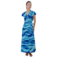 Blue Waves Abstract Series No4 Flutter Sleeve Maxi Dress by DimitriosArt