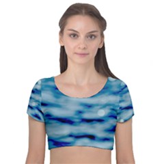 Blue Waves Abstract Series No5 Velvet Short Sleeve Crop Top  by DimitriosArt