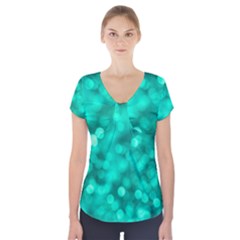 Light Reflections Abstract No9 Turquoise Short Sleeve Front Detail Top by DimitriosArt