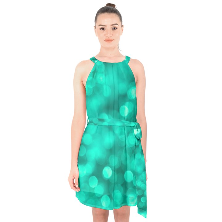 Light Reflections Abstract No9 Turquoise Halter Collar Waist Tie Chiffon Dress