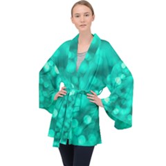 Light Reflections Abstract No9 Turquoise Long Sleeve Velvet Kimono  by DimitriosArt