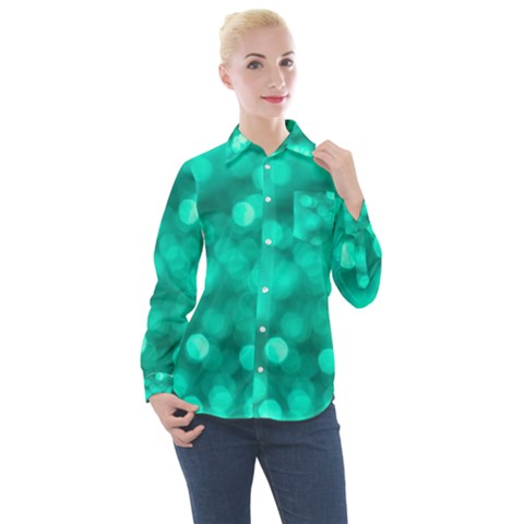 Light Reflections Abstract No9 Turquoise Women s Long Sleeve Pocket Shirt by DimitriosArt