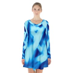 Blue Abstract 2 Long Sleeve Velvet V-neck Dress by DimitriosArt