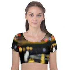 City Lights Velvet Short Sleeve Crop Top  by DimitriosArt