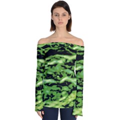 Green  Waves Abstract Series No11 Off Shoulder Long Sleeve Top by DimitriosArt