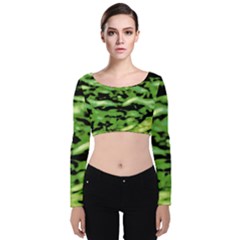 Green  Waves Abstract Series No11 Velvet Long Sleeve Crop Top by DimitriosArt