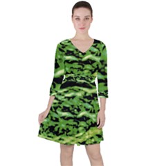 Green  Waves Abstract Series No11 Quarter Sleeve Ruffle Waist Dress by DimitriosArt