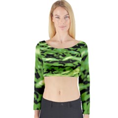 Green  Waves Abstract Series No11 Long Sleeve Crop Top by DimitriosArt