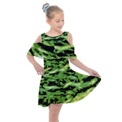 Green  Waves Abstract Series No11 Kids  Shoulder Cutout Chiffon Dress by DimitriosArt