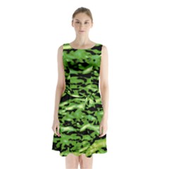 Green  Waves Abstract Series No11 Sleeveless Waist Tie Chiffon Dress by DimitriosArt