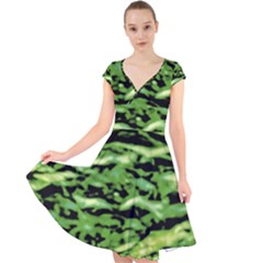 Green  Waves Abstract Series No11 Cap Sleeve Front Wrap Midi Dress by DimitriosArt