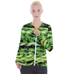 Green  Waves Abstract Series No11 Casual Zip Up Jacket by DimitriosArt