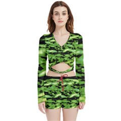 Green  Waves Abstract Series No11 Velvet Wrap Crop Top And Shorts Set by DimitriosArt