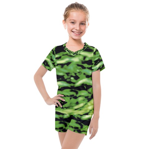 Green  Waves Abstract Series No11 Kids  Mesh Tee And Shorts Set by DimitriosArt