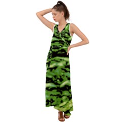 Green  Waves Abstract Series No11 V-neck Chiffon Maxi Dress by DimitriosArt