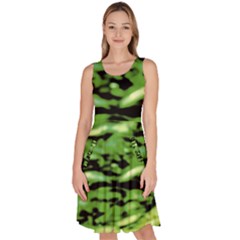 Green  Waves Abstract Series No11 Knee Length Skater Dress With Pockets by DimitriosArt