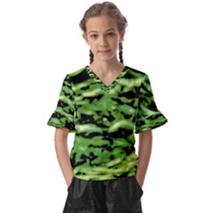 Green  Waves Abstract Series No11 Kids  V-neck Horn Sleeve Blouse