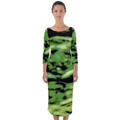 Green  Waves Abstract Series No11 Quarter Sleeve Midi Bodycon Dress by DimitriosArt