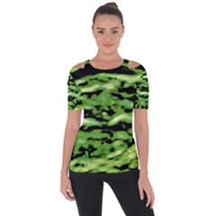 Green  Waves Abstract Series No11 Shoulder Cut Out Short Sleeve Top by DimitriosArt