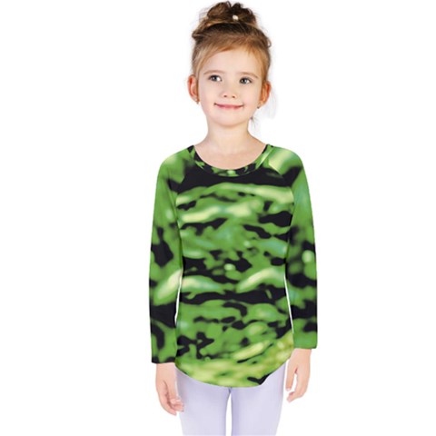 Green  Waves Abstract Series No11 Kids  Long Sleeve Tee by DimitriosArt