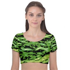 Green  Waves Abstract Series No11 Velvet Short Sleeve Crop Top  by DimitriosArt