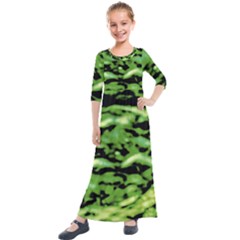 Green  Waves Abstract Series No11 Kids  Quarter Sleeve Maxi Dress by DimitriosArt