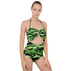 Green  Waves Abstract Series No11 Scallop Top Cut Out Swimsuit by DimitriosArt