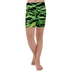 Green  Waves Abstract Series No11 Kids  Lightweight Velour Capri Yoga Leggings by DimitriosArt